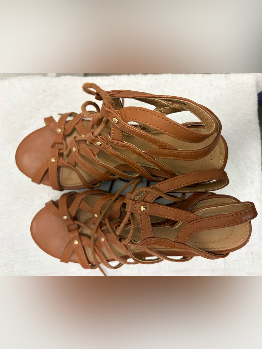 Brash Cognac Strappy Lace-Up Gladiator Cork Wedge Sandals - Picture 3 of 5